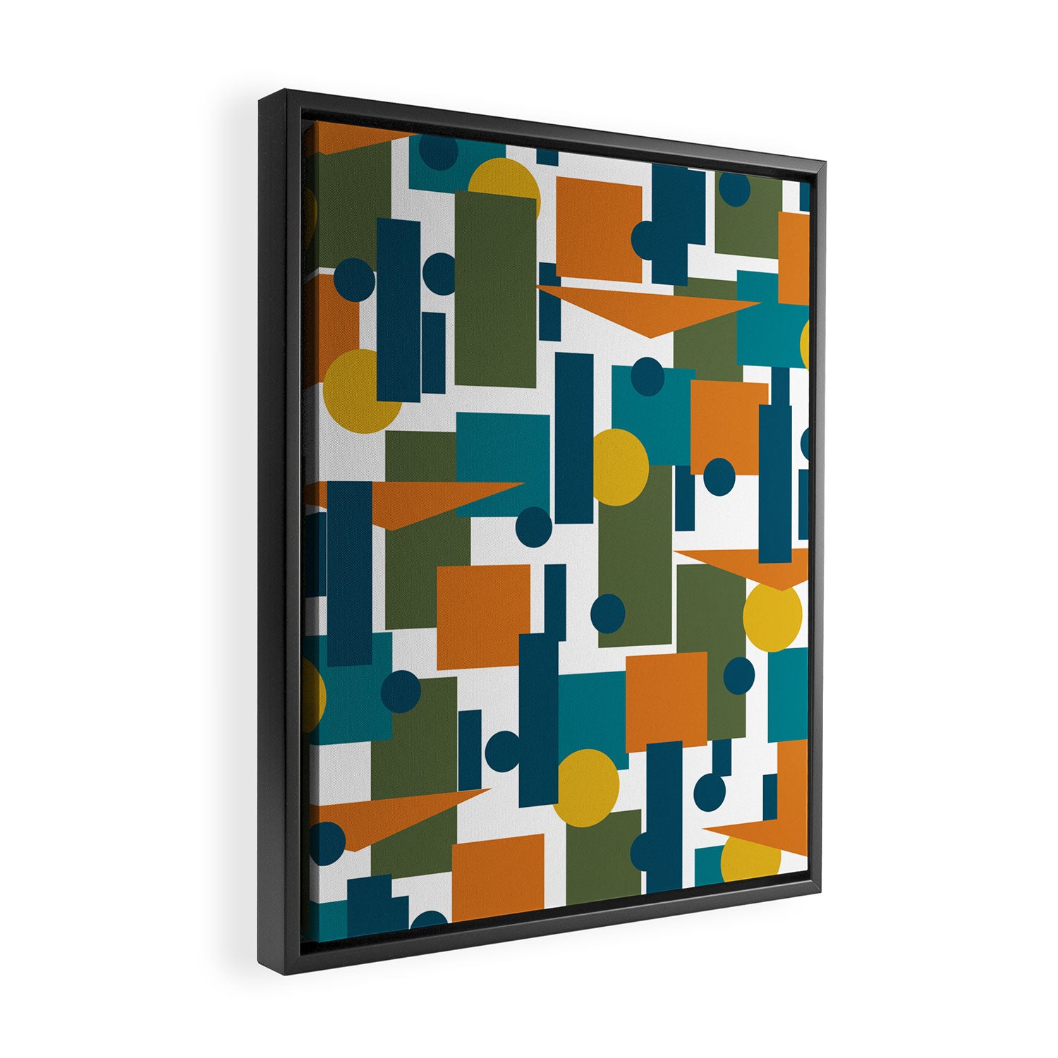 Mid-Century Modern Geometrica Pattern in Moroccan Teal Blue Olive Green Mustard Yellow Orange and White Framed Canvas Print Gallery Image 2