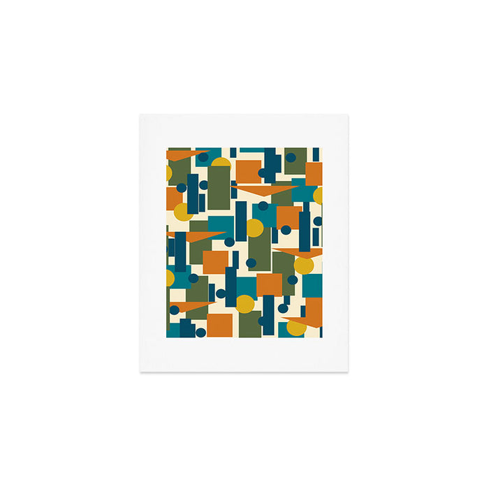 Mid-Century Modern Geometrica Pattern in Moroccan Teal Blue Olive Green Mustard Yellow Orange and Cream Art Print Gallery Image 1