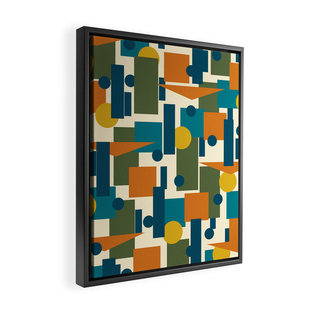 Mid-Century Modern Geometrica Pattern in Moroccan Teal Blue Olive Green Mustard Yellow Orange and Cream Framed Canvas Print Gallery Image 2