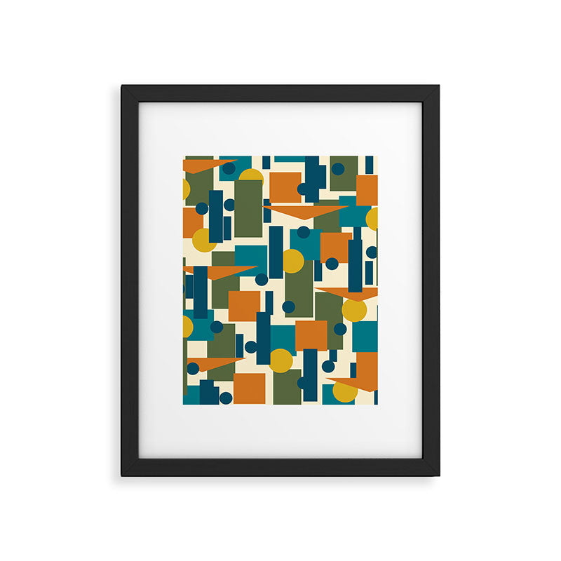 Mid-Century Modern Geometrica Pattern in Moroccan Teal Blue Olive Green Mustard Yellow Orange and Cream Framed Art Print Gallery Image 6