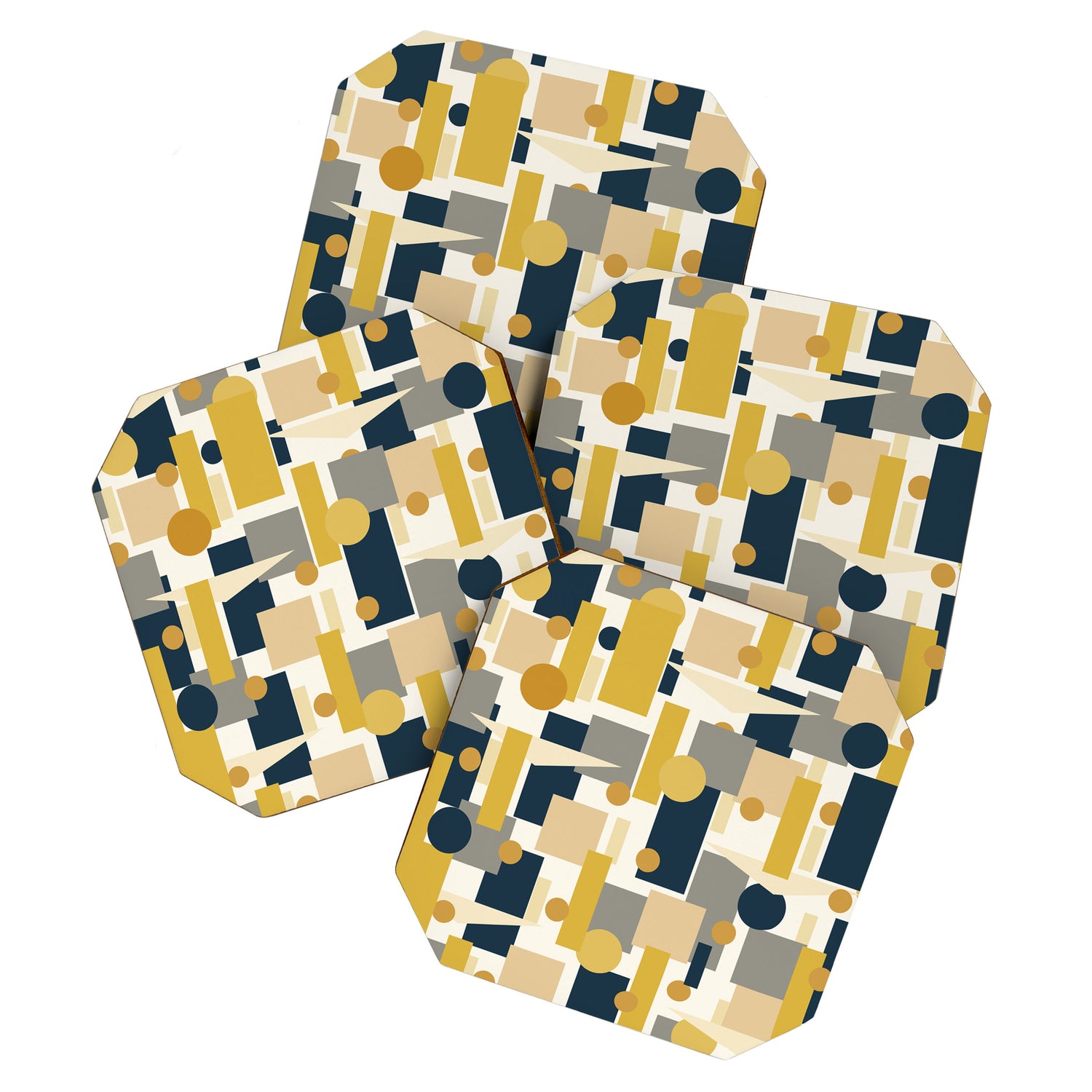 Mid-Century Modern Geometrica Pattern in Navy Blue, Mustard, Grey, Beige, and Cream Coaster Gallery Image 1