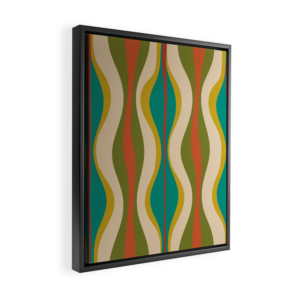 Mid-Century Modern Hourglass Abstract Pattern in Turquoise Teal, Orange, Mustard, Olive, and Mid Mod Beige Framed Canvas Print Gallery Image 2