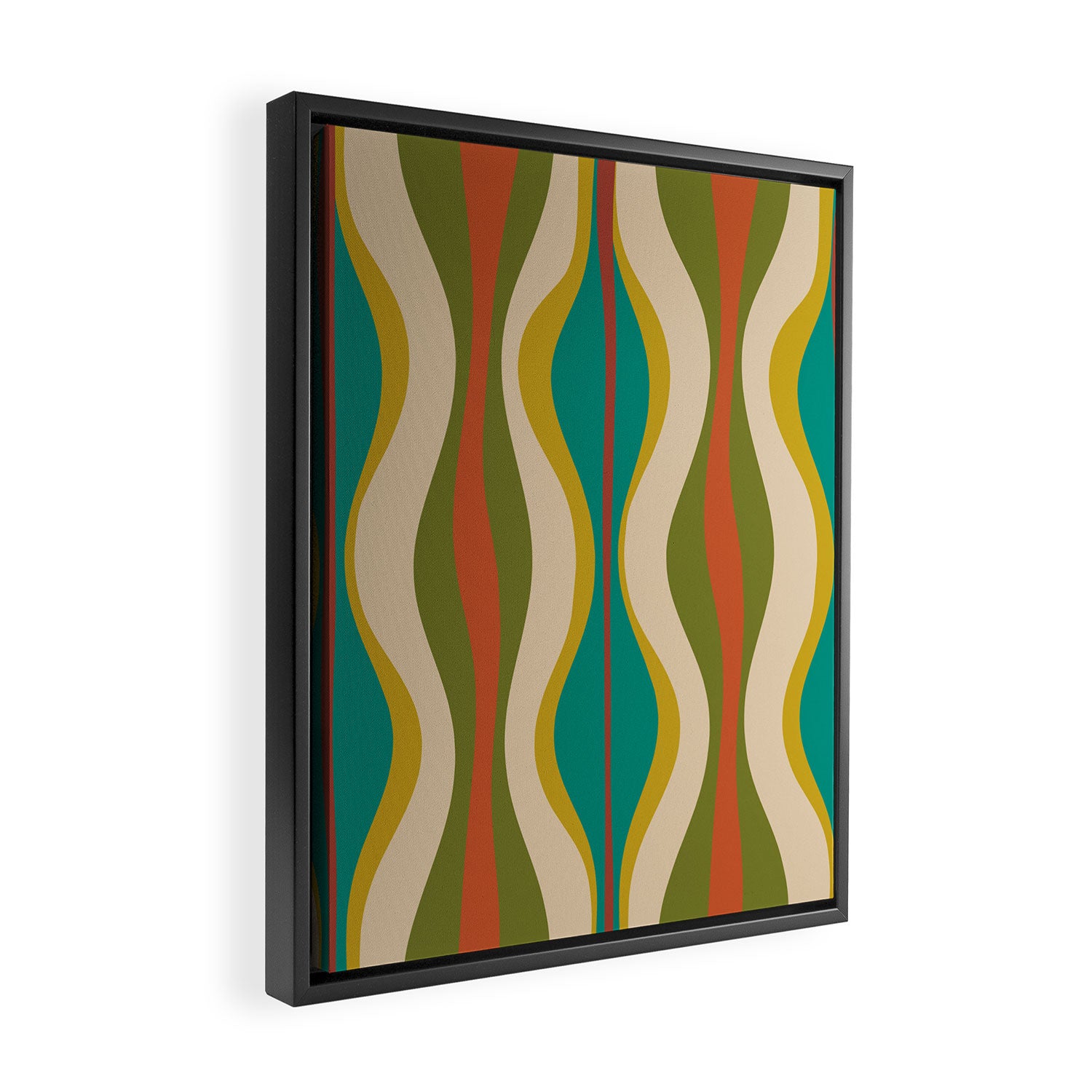Mid-Century Modern Hourglass Abstract Pattern in Turquoise Teal, Orange, Mustard, Olive, and Mid Mod Beige Framed Canvas Print Gallery Image 2