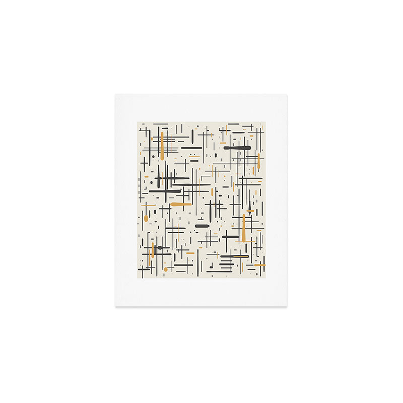 Mid-Century Modern Kinetikos Pattern in Charcoal Gray, Muted Mustard Gold, and Cream Art Print Gallery Image 1