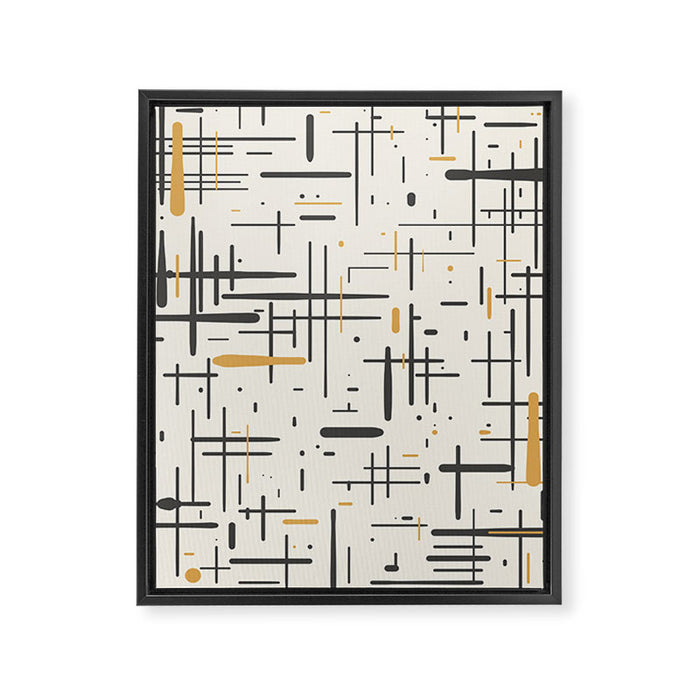 Mid-Century Modern Kinetikos Pattern in Charcoal Gray, Muted Mustard Gold, and Cream Framed Canvas Print Gallery Image 1