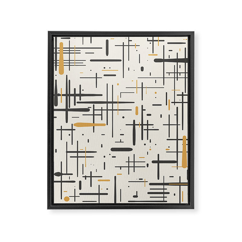 Mid-Century Modern Kinetikos Pattern in Charcoal Gray, Muted Mustard Gold, and Cream Framed Canvas Print Gallery Image 8