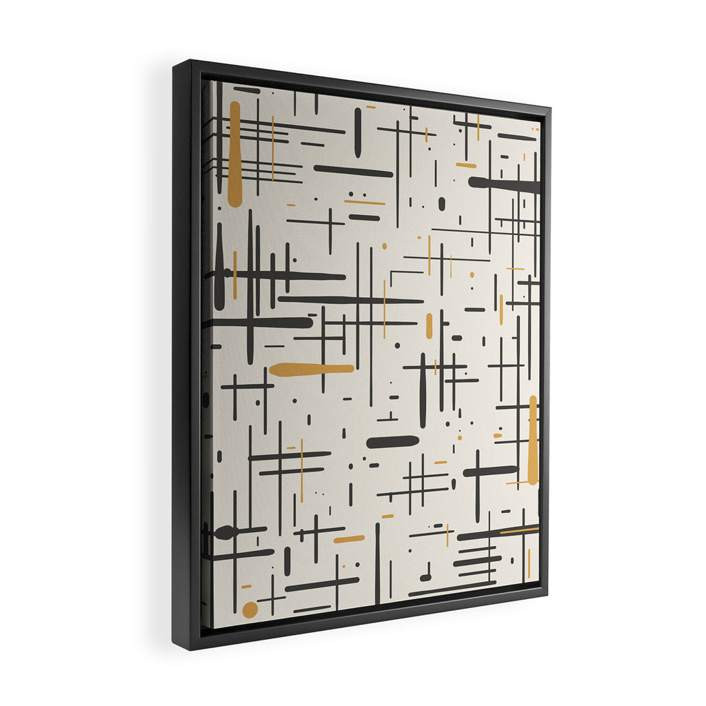 Mid-Century Modern Kinetikos Pattern in Charcoal Gray, Muted Mustard Gold, and Cream Framed Canvas Print Gallery Image 2