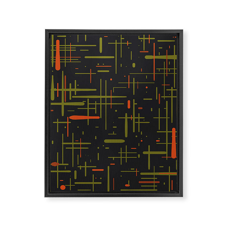 Mid-Century Modern Kinetikos Pattern Black Avocado Green Orange Framed Canvas Print Gallery Image 8