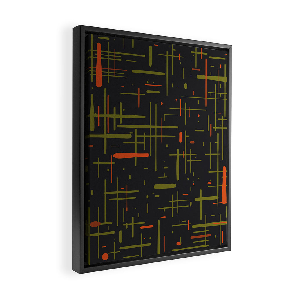 Mid-Century Modern Kinetikos Pattern Black Avocado Green Orange Framed Canvas Print Gallery Image 2