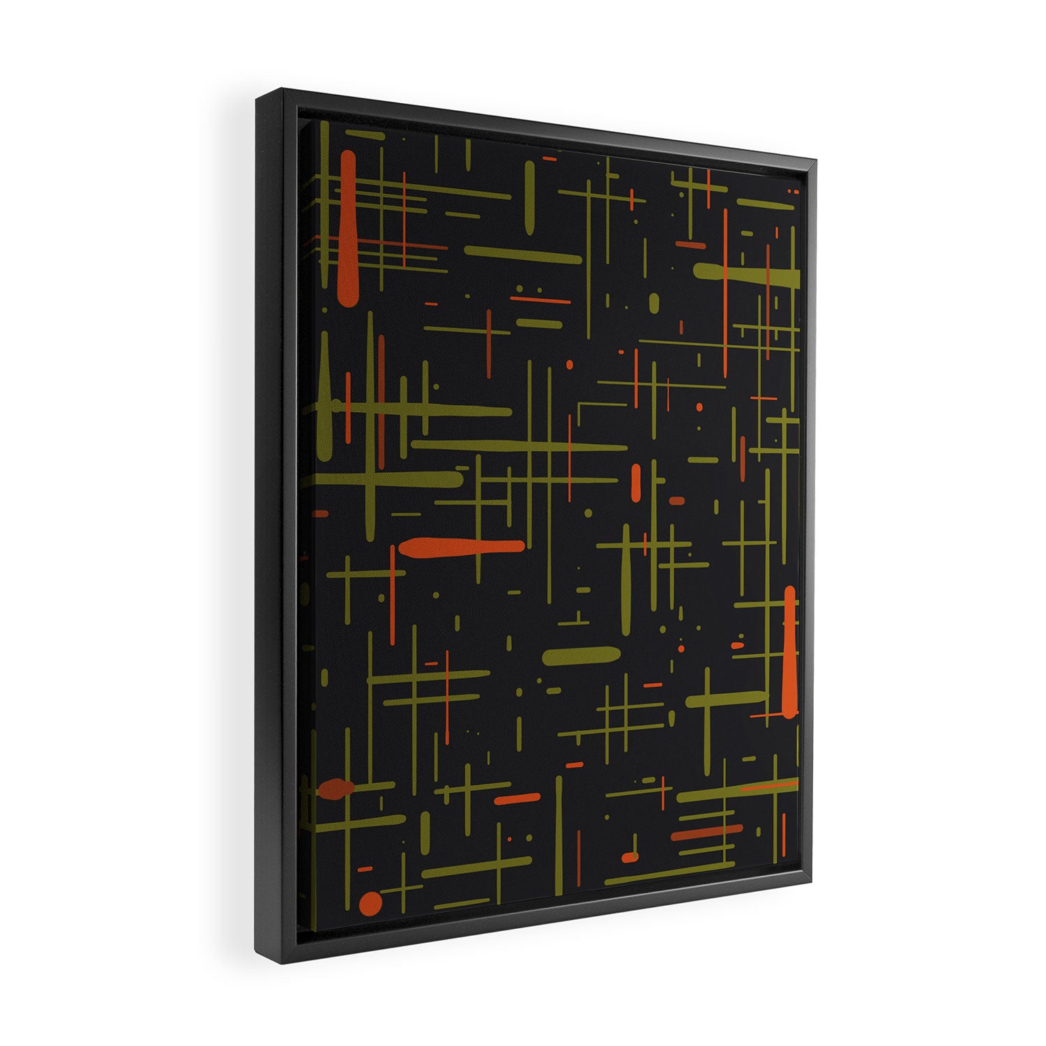 Mid-Century Modern Kinetikos Pattern Black Avocado Green Orange Framed Canvas Print Gallery Image 2