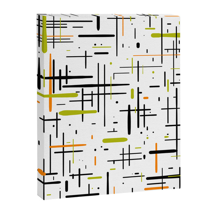  Mid-Century Modern Kinetikos Pattern in Black, Lime Green, Orange, and White Canvas Print Gallery Image 1