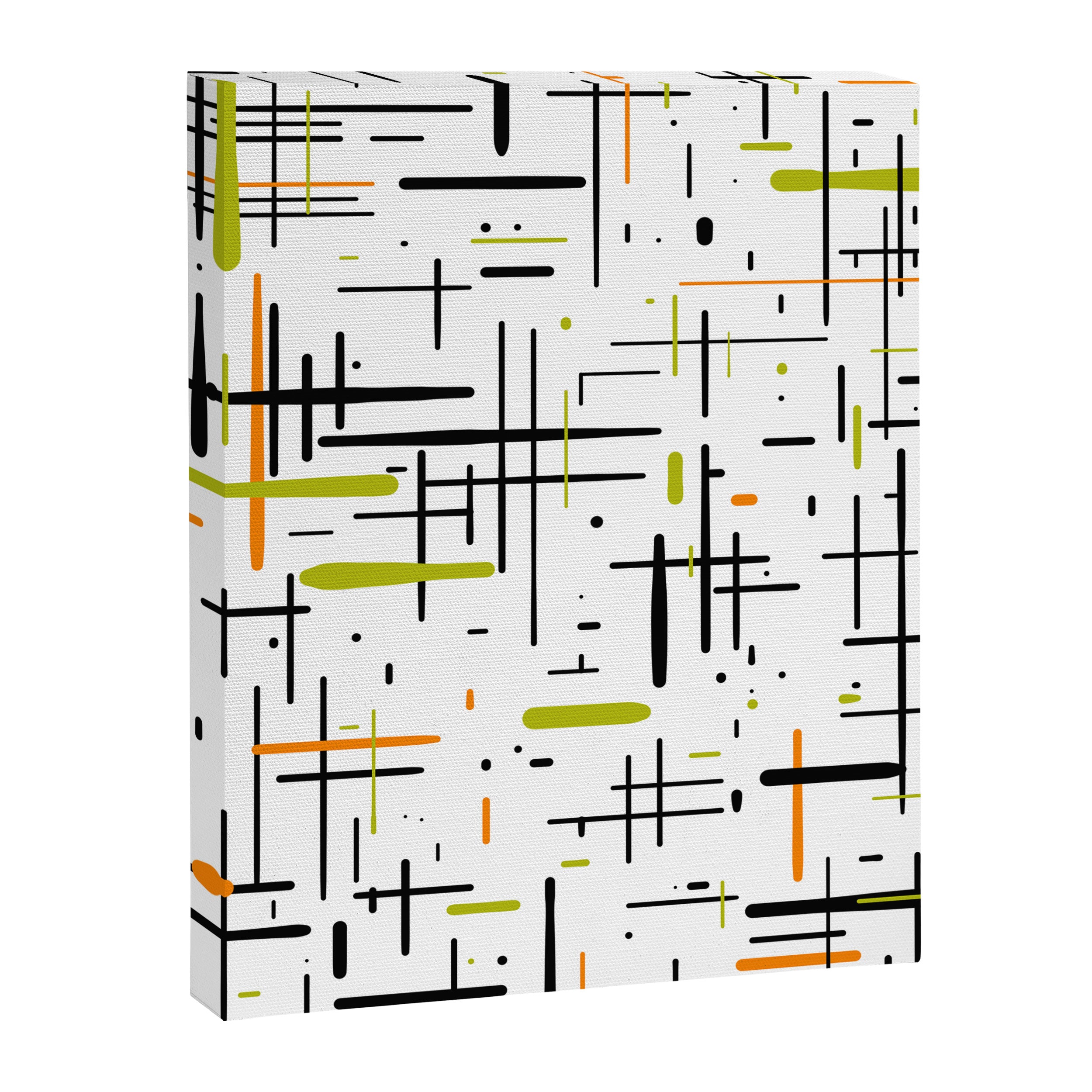  Mid-Century Modern Kinetikos Pattern in Black, Lime Green, Orange, and White Canvas Print Gallery Image 8