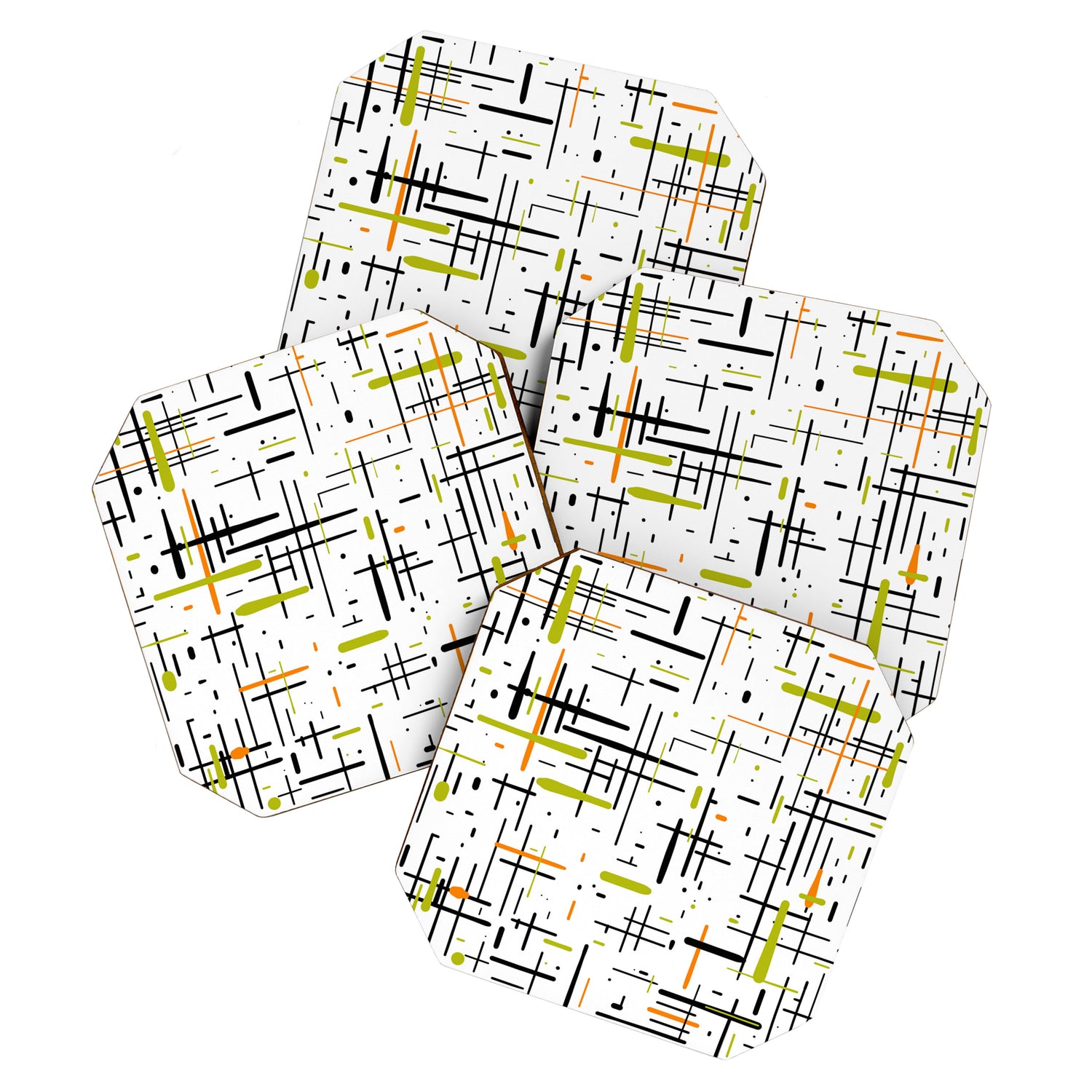  Mid-Century Modern Kinetikos Pattern in Black, Lime Green, Orange, and White Coaster Gallery Image 1