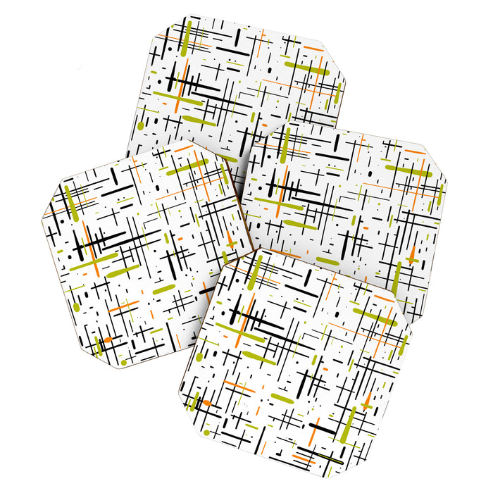  Mid-Century Modern Kinetikos Pattern in Black, Lime Green, Orange, and White Coaster Gallery Image 1