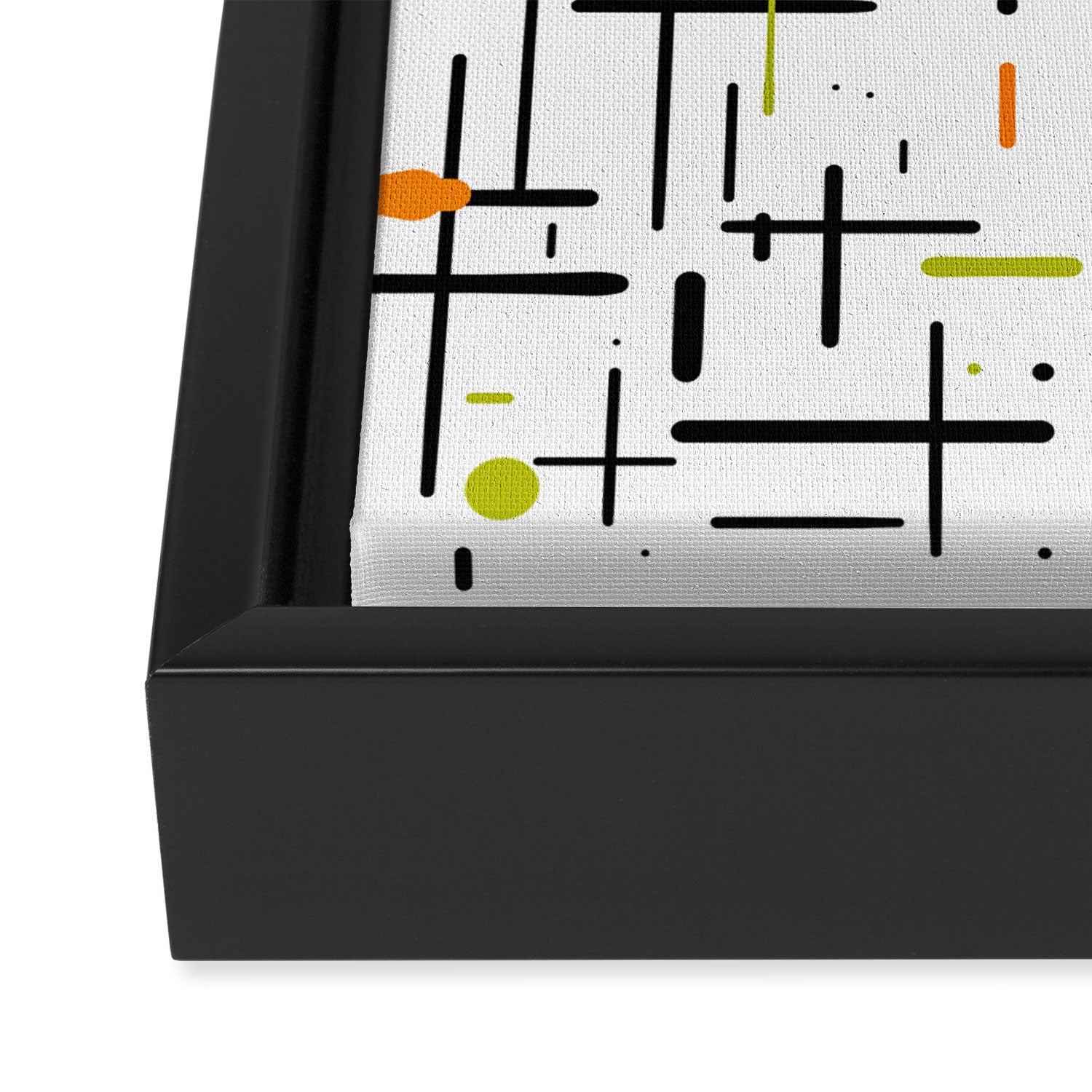  Mid-Century Modern Kinetikos Pattern in Black, Lime Green, Orange, and White Framed Canvas Print Gallery Image 3