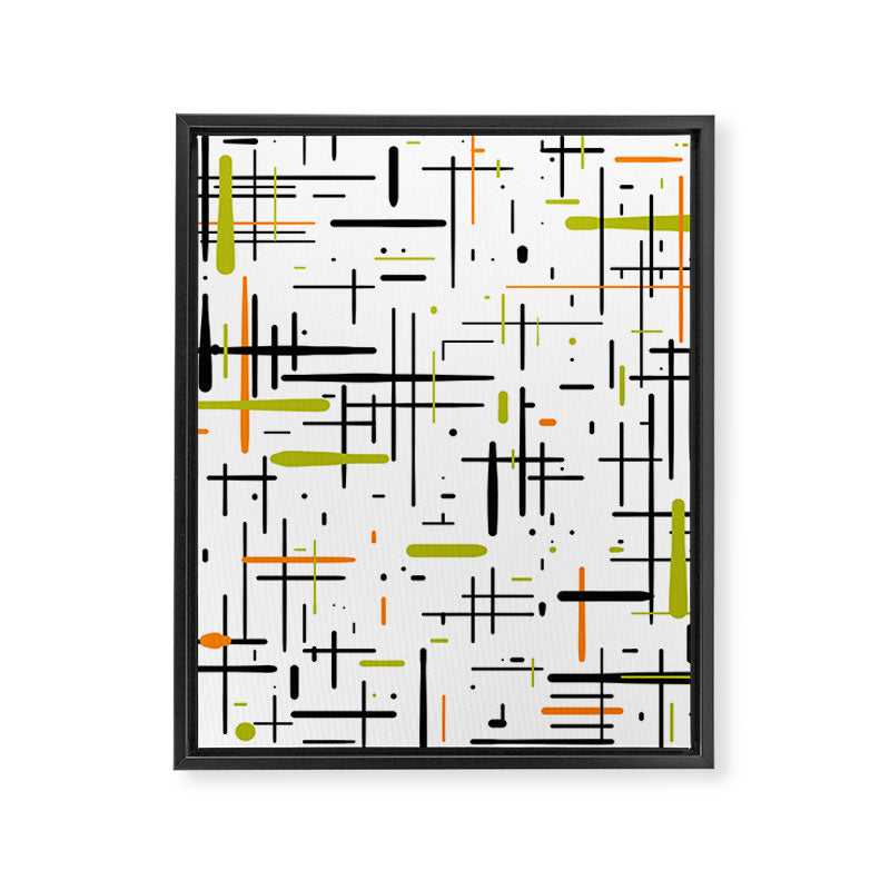  Mid-Century Modern Kinetikos Pattern in Black, Lime Green, Orange, and White Framed Canvas Print Gallery Image 8