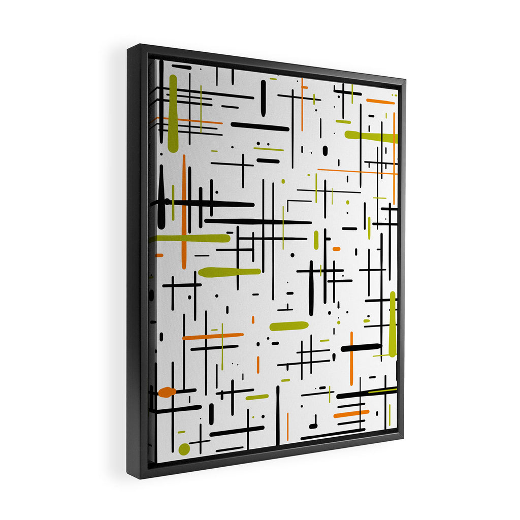  Mid-Century Modern Kinetikos Pattern in Black, Lime Green, Orange, and White Framed Canvas Print Gallery Image 2