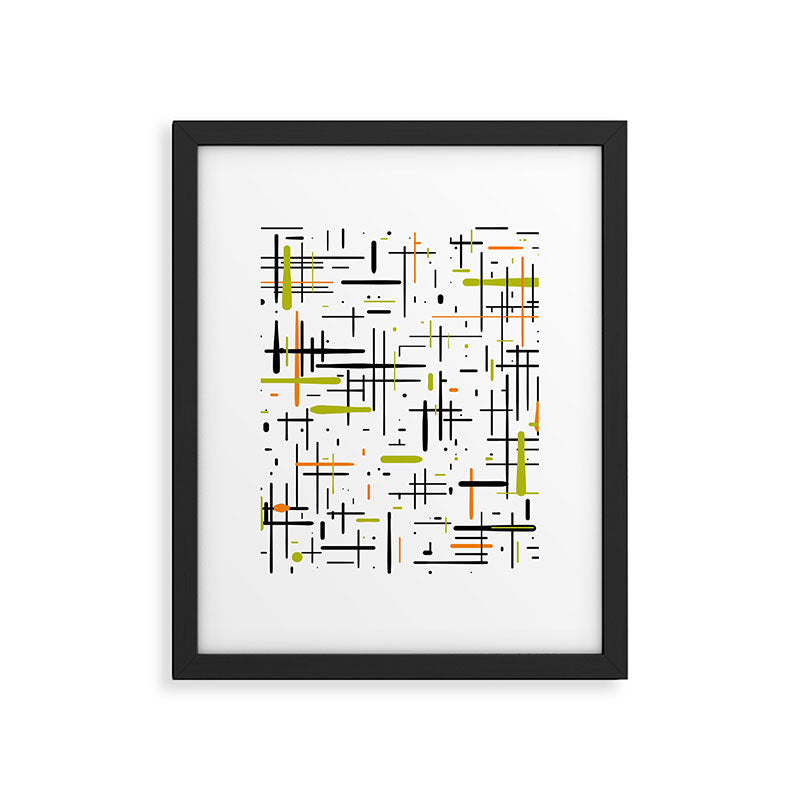  Mid-Century Modern Kinetikos Pattern in Black, Lime Green, Orange, and White Framed Art Print Gallery Image 6