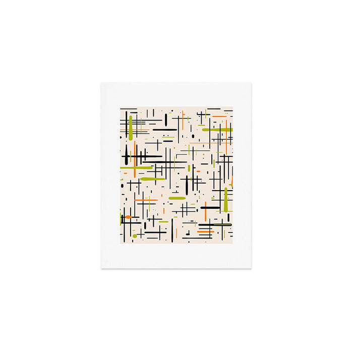  Mid-Century Modern Kinetikos Pattern in Cream, Black, Lime Green, and Orange Art Print Gallery Image 1
