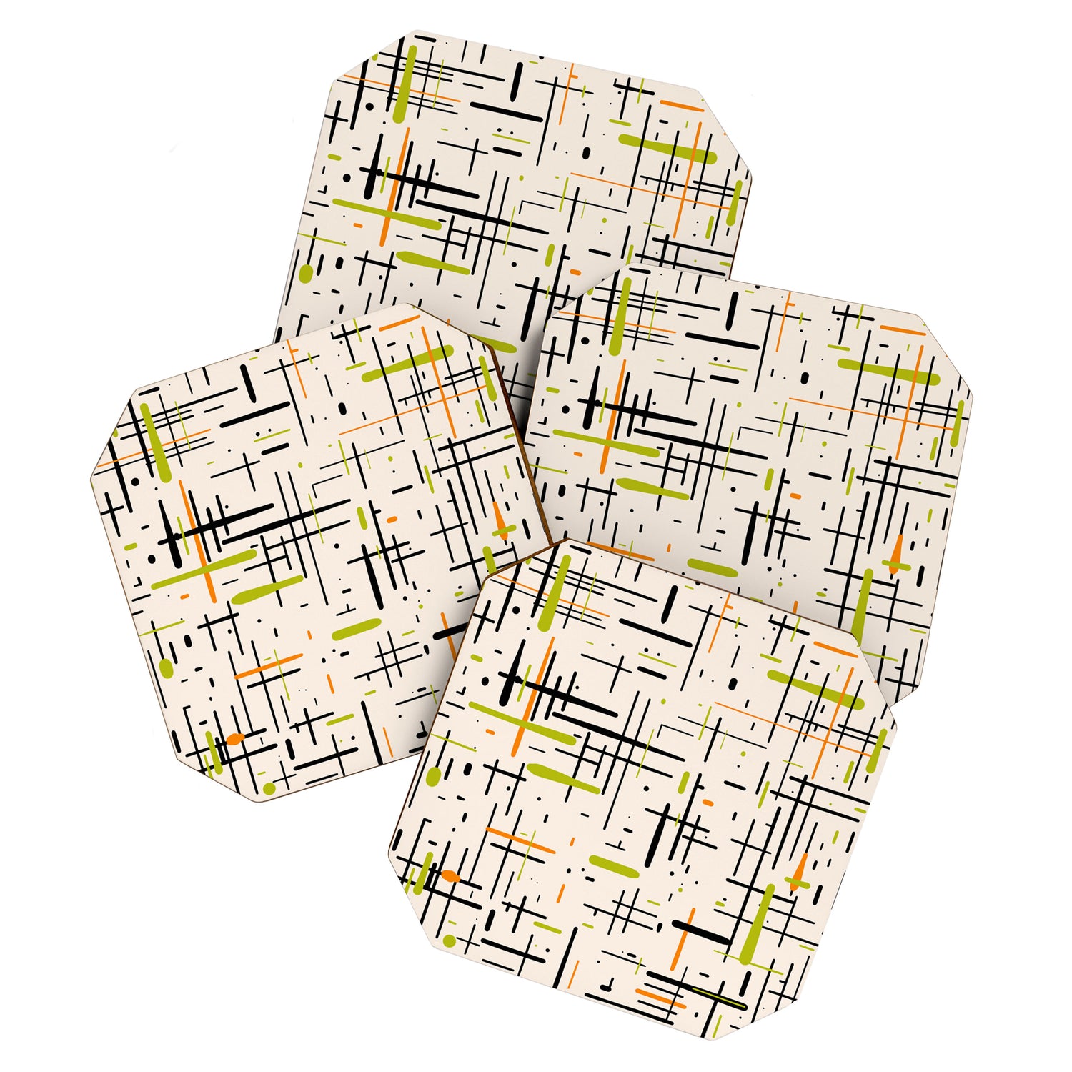 Mid-Century Modern Kinetikos Pattern in Cream, Black, Lime Green, and Orange Coaster Gallery Image 1