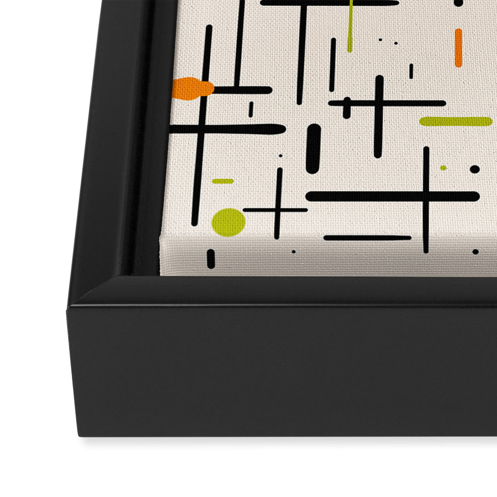  Mid-Century Modern Kinetikos Pattern in Cream, Black, Lime Green, and Orange Framed Canvas Print Gallery Image 3