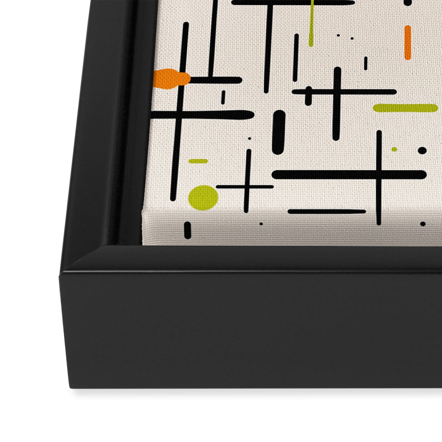 Mid-Century Modern Kinetikos Pattern in Cream, Black, Lime Green, and Orange Framed Canvas Print Gallery Image 3