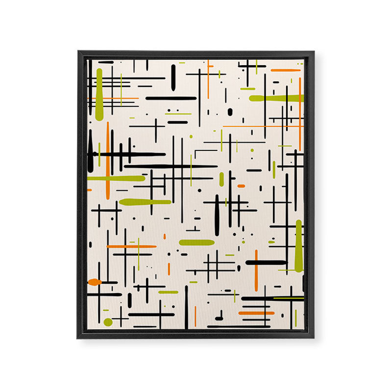  Mid-Century Modern Kinetikos Pattern in Cream, Black, Lime Green, and Orange Framed Canvas Print Gallery Image 8
