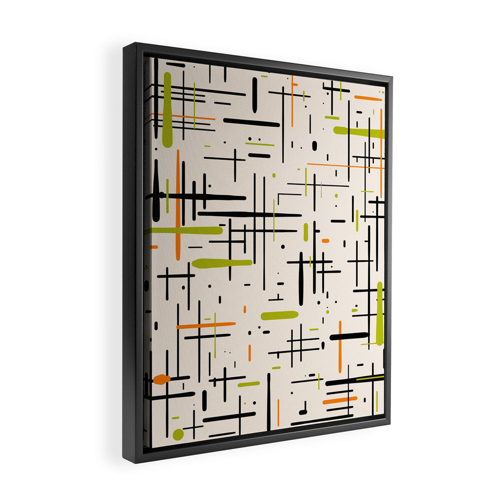  Mid-Century Modern Kinetikos Pattern in Cream, Black, Lime Green, and Orange Framed Canvas Print Gallery Image 2