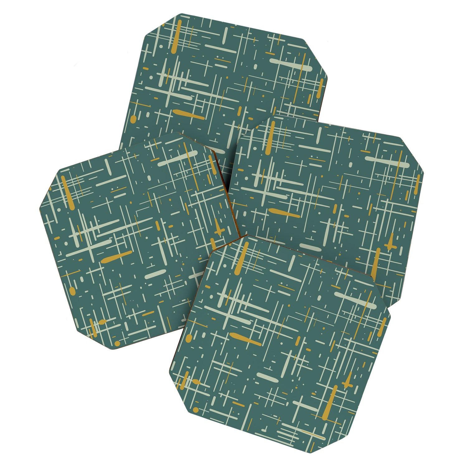 Mid-Century Modern Kinetikos Pattern in Deep Teal, Mustard Gold, and Celadon Coaster Gallery Image 1