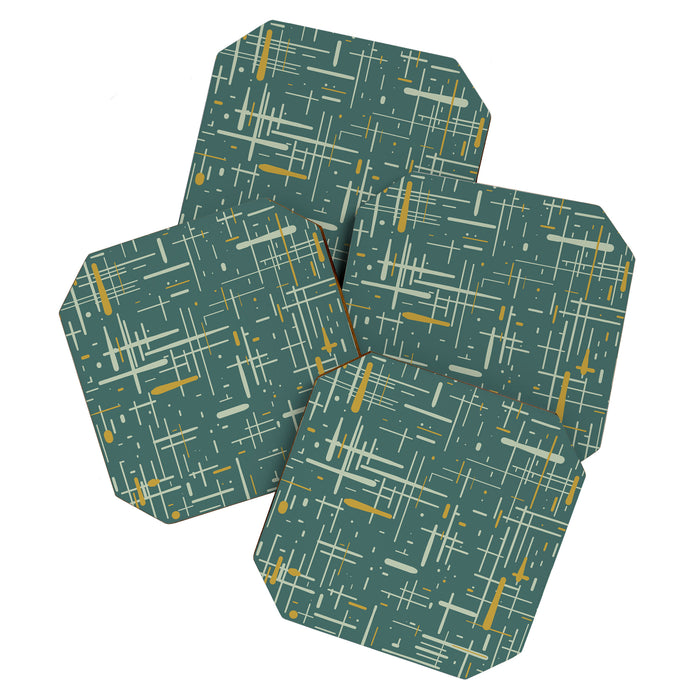 Mid-Century Modern Kinetikos Pattern in Deep Teal, Mustard Gold, and Celadon Coaster Gallery Image 1