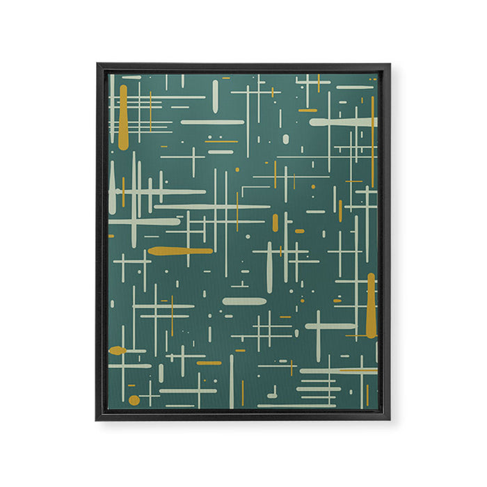 Mid-Century Modern Kinetikos Pattern in Deep Teal, Mustard Gold, and Celadon Framed Canvas Print Gallery Image 1
