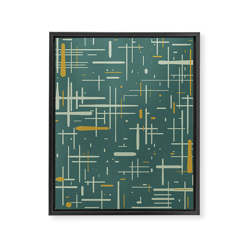 Mid-Century Modern Kinetikos Pattern in Deep Teal, Mustard Gold, and Celadon Framed Canvas Print Gallery Image 8