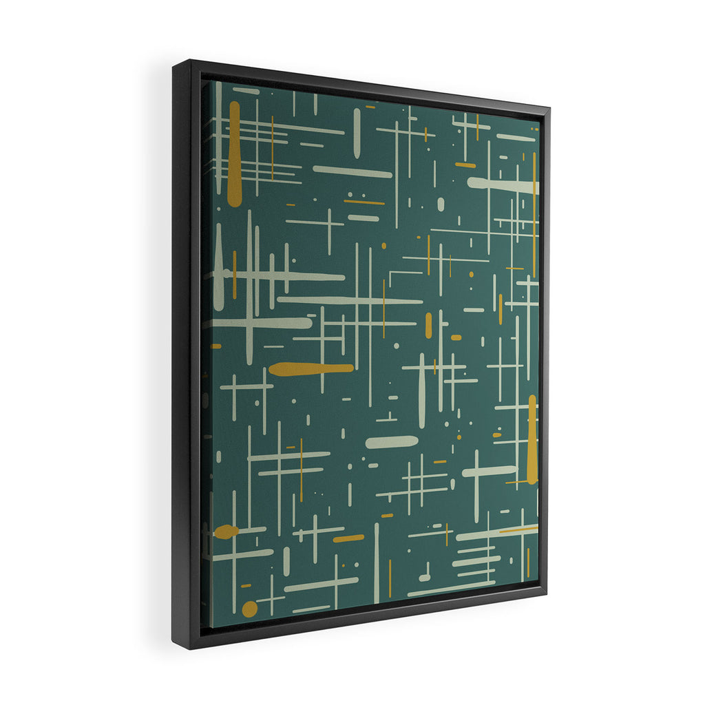 Mid-Century Modern Kinetikos Pattern in Deep Teal, Mustard Gold, and Celadon Framed Canvas Print Gallery Image 2