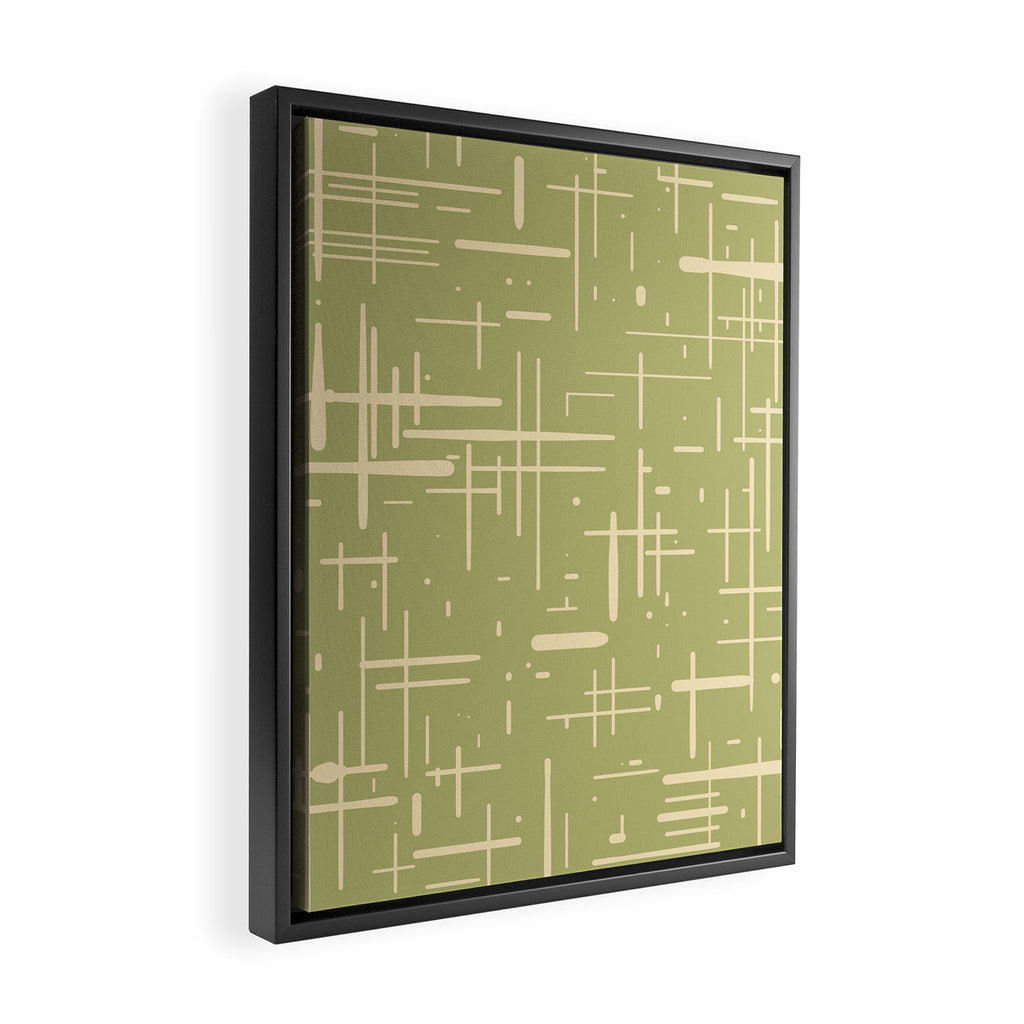 Mid-Century Modern Kinetikos Pattern in Light Avocado Green and Cream Beige Framed Canvas Print Gallery Image 2