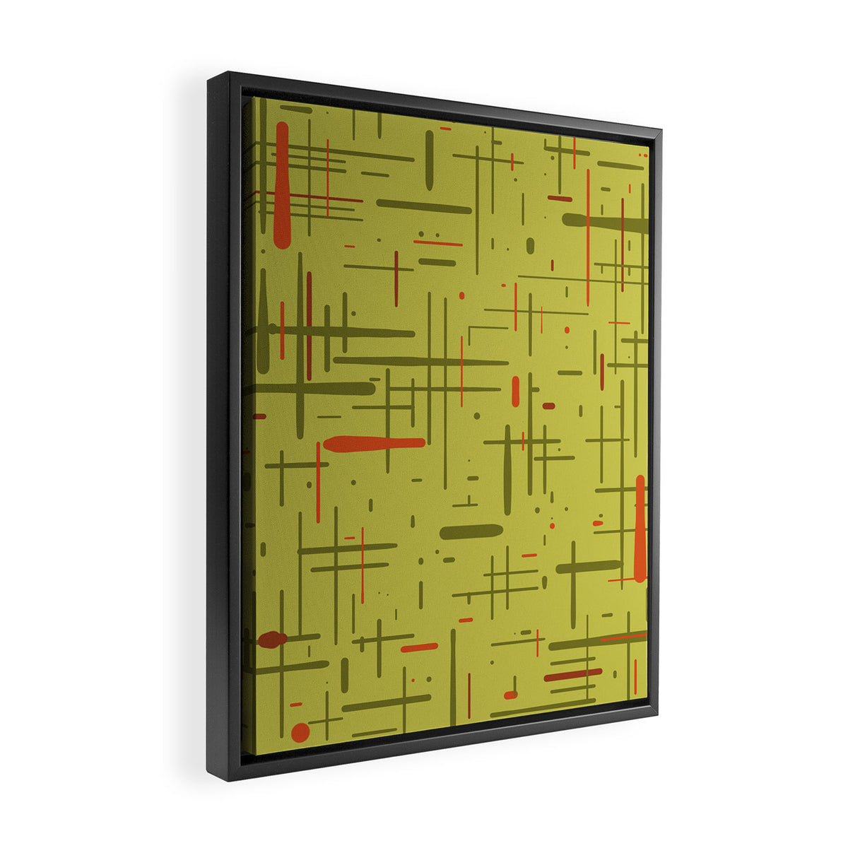 Mid-Century Modern Kinetikos Pattern in Light Avocado Lime Green and Retro Orange Framed Canvas Print Gallery Image 2