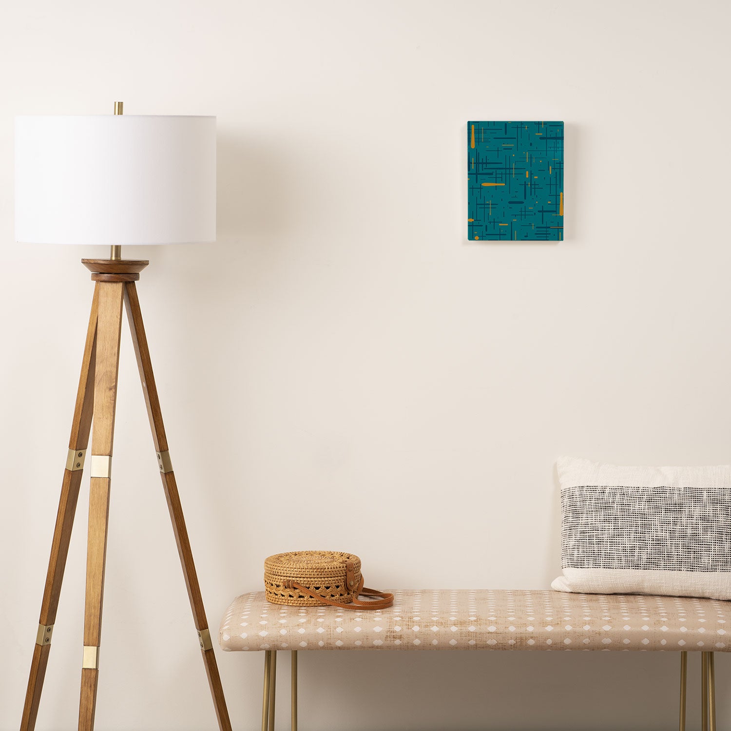 Mid-Century Modern Kinetikos Pattern in Moroccan Teal Blue and Ochre Canvas Print Gallery Image 2