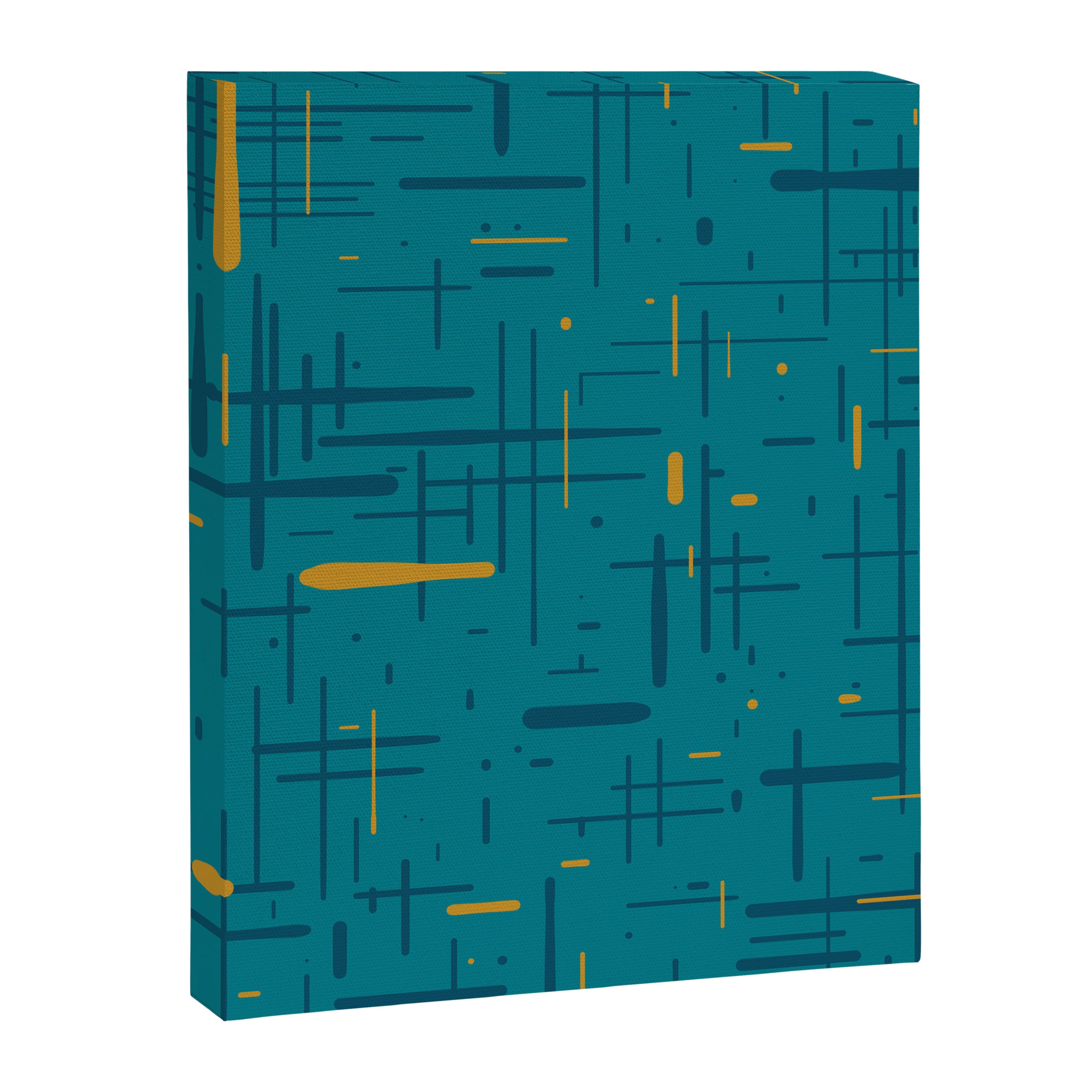 Mid-Century Modern Kinetikos Pattern in Moroccan Teal Blue and Ochre Canvas Print Gallery Image 8
