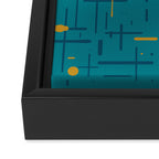 Mid-Century Modern Kinetikos Pattern in Moroccan Teal Blue and Ochre Framed Canvas Print Gallery Image 3