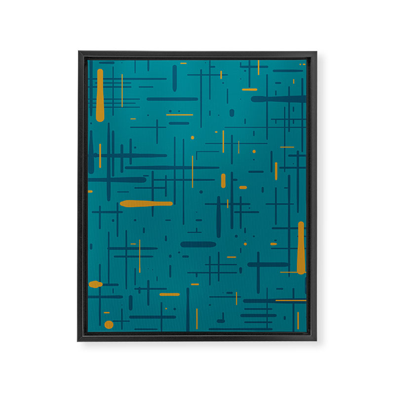 Mid-Century Modern Kinetikos Pattern in Moroccan Teal Blue and Ochre Framed Canvas Print Gallery Image 8