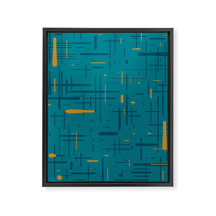 Mid-Century Modern Kinetikos Pattern in Moroccan Teal Blue and Ochre Framed Canvas Print Gallery Image 1