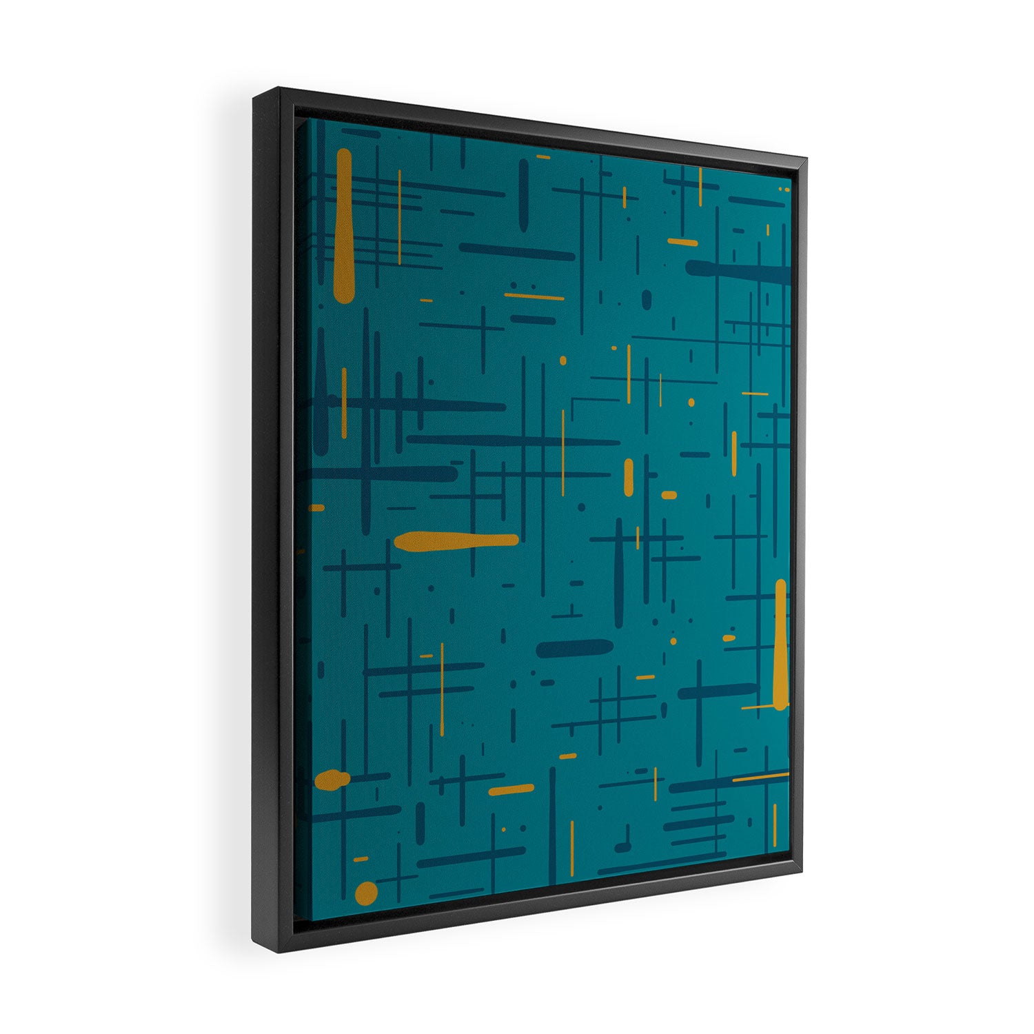 Mid-Century Modern Kinetikos Pattern in Moroccan Teal Blue and Ochre Framed Canvas Print Gallery Image 2