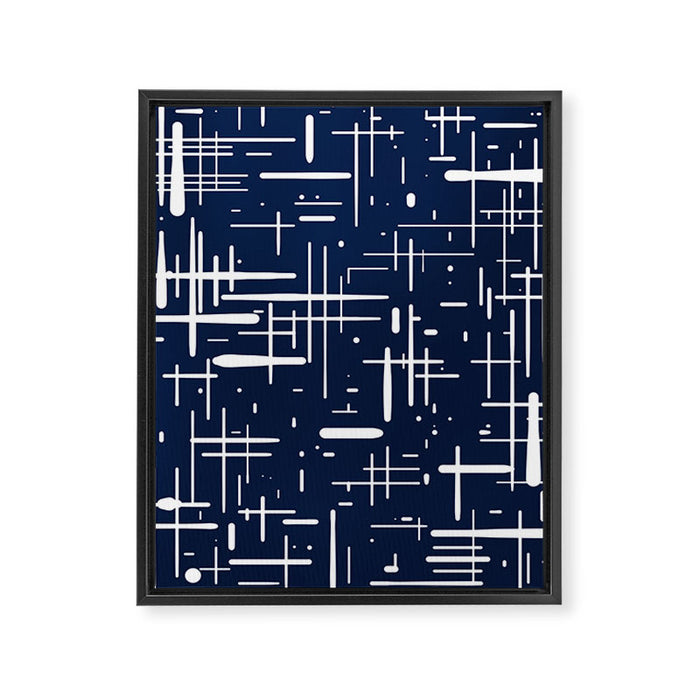 Mid-Century Modern Kinetikos Pattern in Nautical Navy Blue and White Framed Canvas Print Gallery Image 1