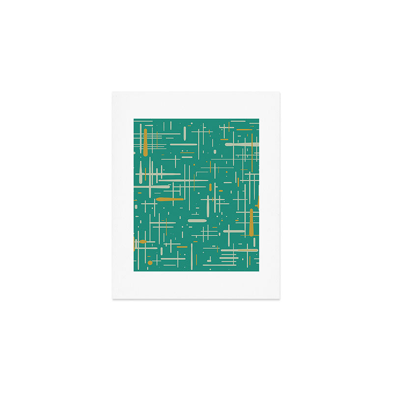 Mid-Century Modern Kinetikos Pattern in Teal Blue Green, Mustard Gold, and Celadon Art Print Gallery Image 1