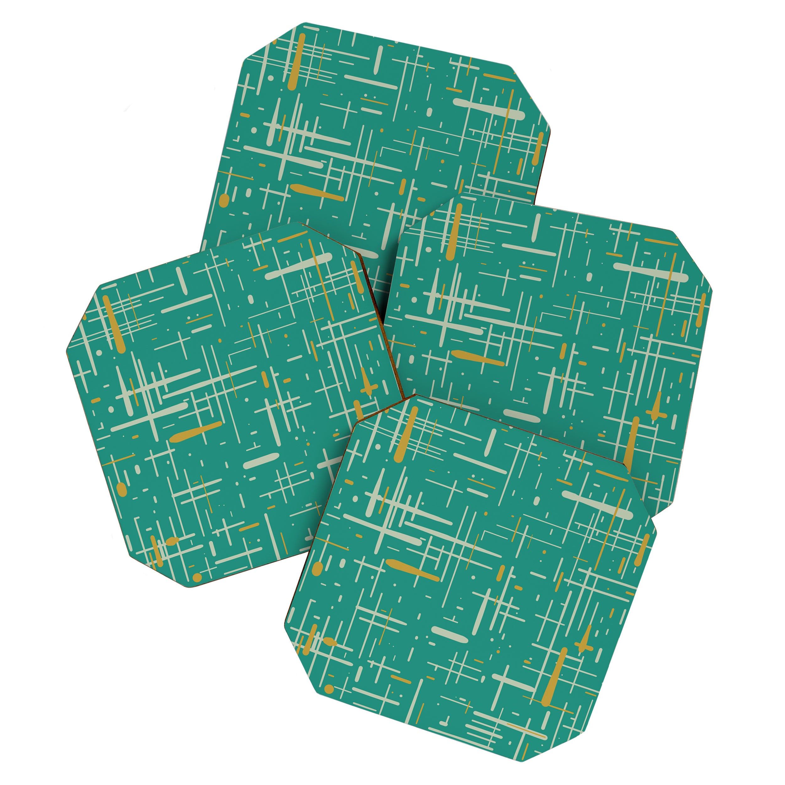 Mid-Century Modern Kinetikos Pattern in Teal Blue Green, Mustard Gold, and Celadon Coaster Gallery Image 1