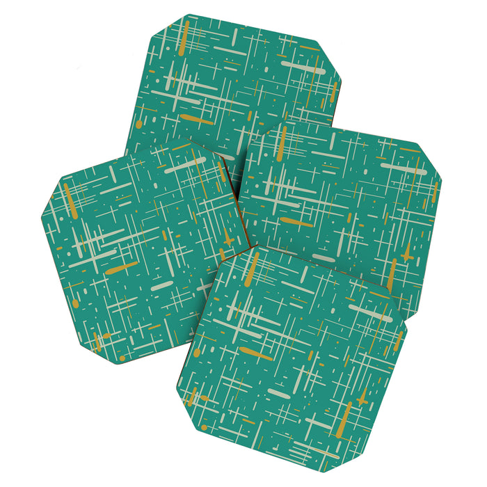 Mid-Century Modern Kinetikos Pattern in Teal Blue Green, Mustard Gold, and Celadon Coaster Gallery Image 1