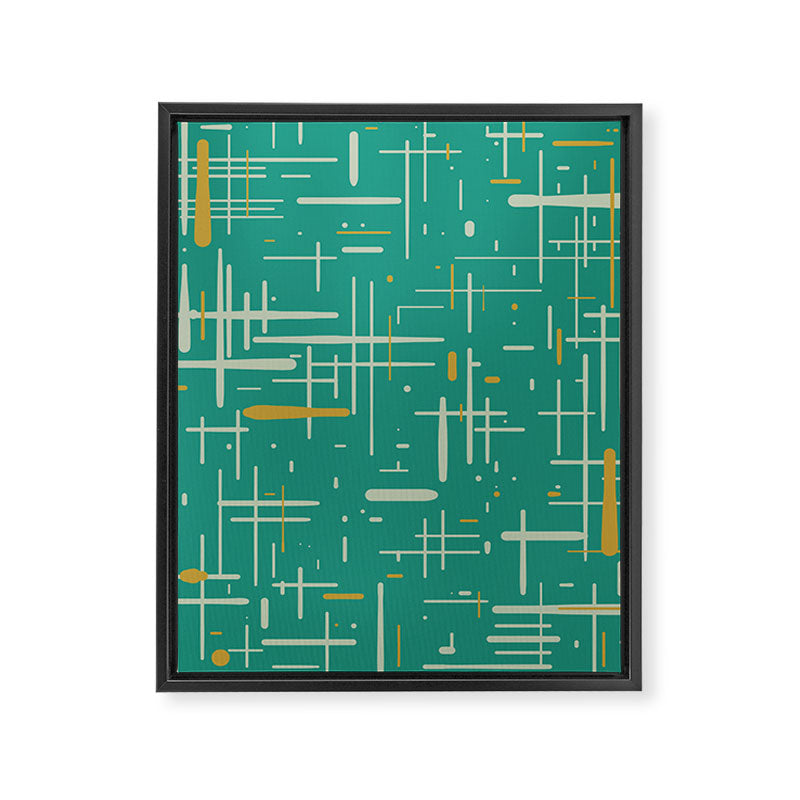 Mid-Century Modern Kinetikos Pattern in Teal Blue Green, Mustard Gold, and Celadon Framed Canvas Print Gallery Image 8