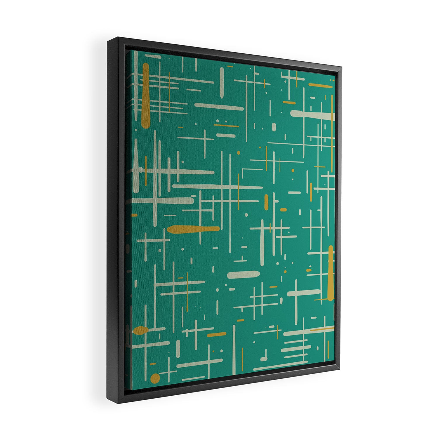 Mid-Century Modern Kinetikos Pattern in Teal Blue Green, Mustard Gold, and Celadon Framed Canvas Print Gallery Image 2