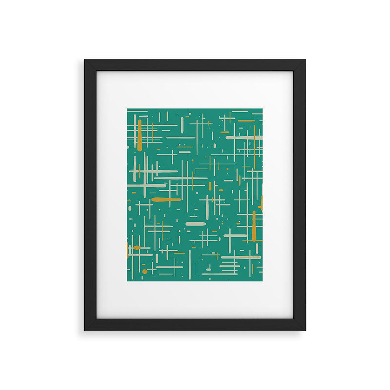 Mid-Century Modern Kinetikos Pattern in Teal Blue Green, Mustard Gold, and Celadon Framed Art Print Gallery Image 6