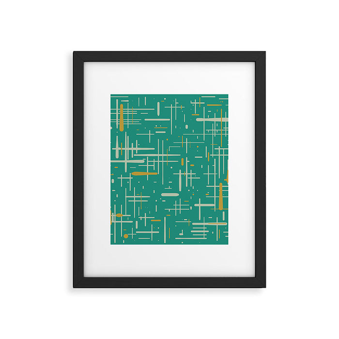 Mid-Century Modern Kinetikos Pattern in Teal Blue Green, Mustard Gold, and Celadon Framed Art Print Gallery Image 1