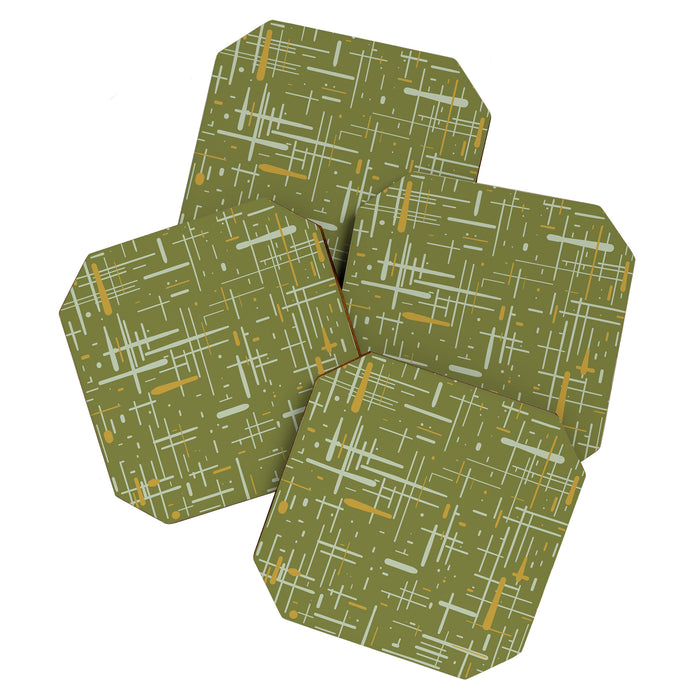 Mid-Century Modern Kinetikos Pattern Olive Green Mustard Gold Celadon Coaster Gallery Image 1